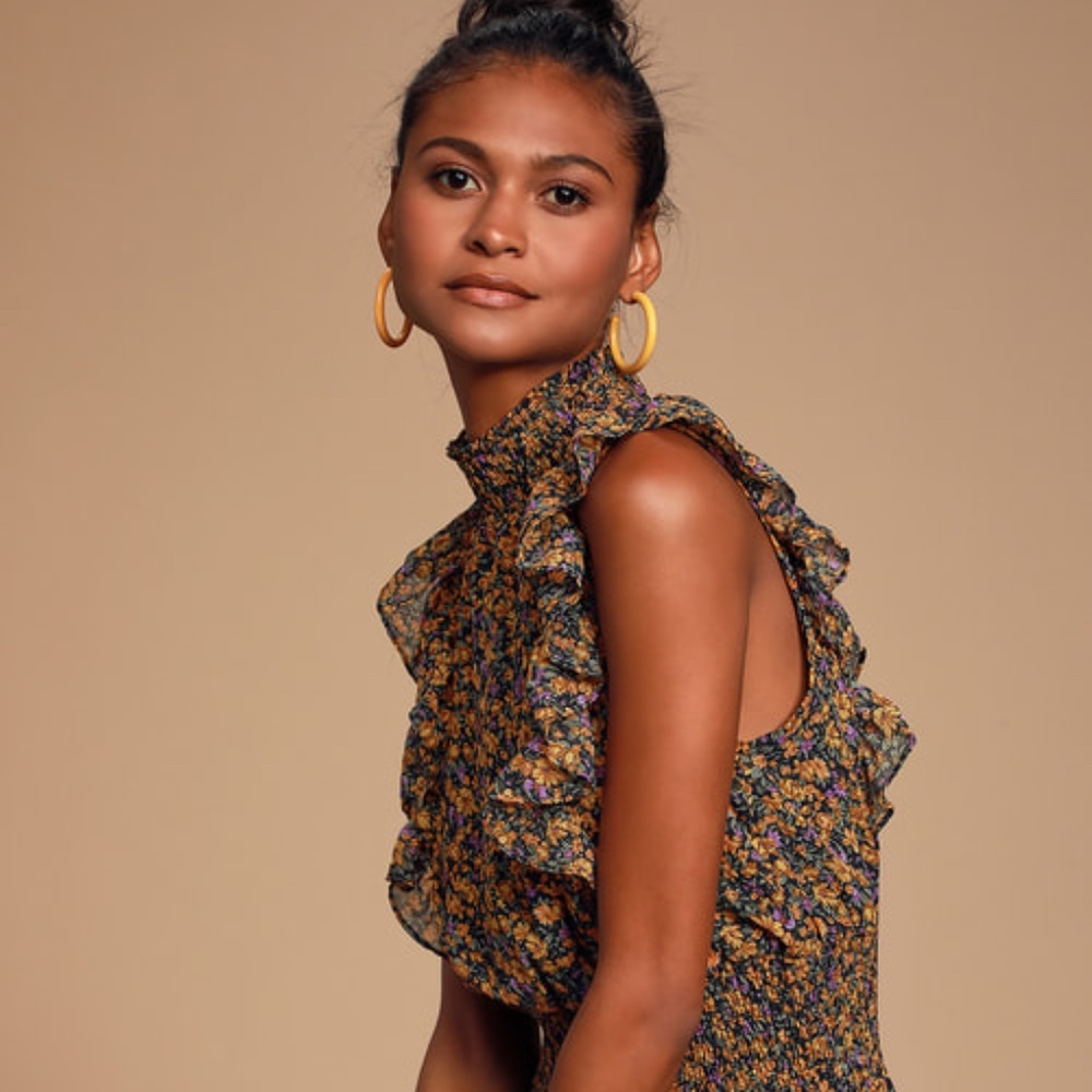 Lulus Evalina Mustard Yellow Floral Print Dress